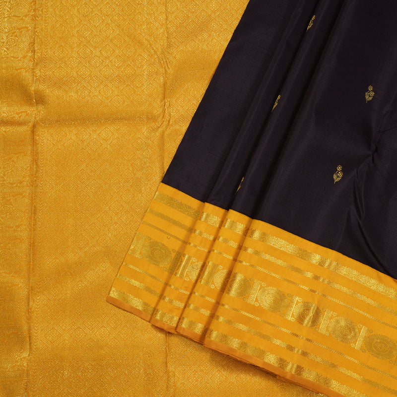 Hayagrivas Dark Brown Handloom Kanjivaram Silk Saree with Mustard Border BBD1370L3-3