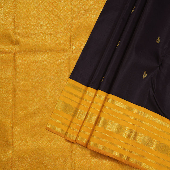 Hayagrivas Dark Brown Handloom Kanjivaram Silk Saree with Mustard Border BBD1370L3-3