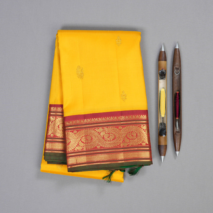Hayagrivas Yellow Handloom Kanjivaram Silk Saree with Maroon Border BBD1370L3-4
