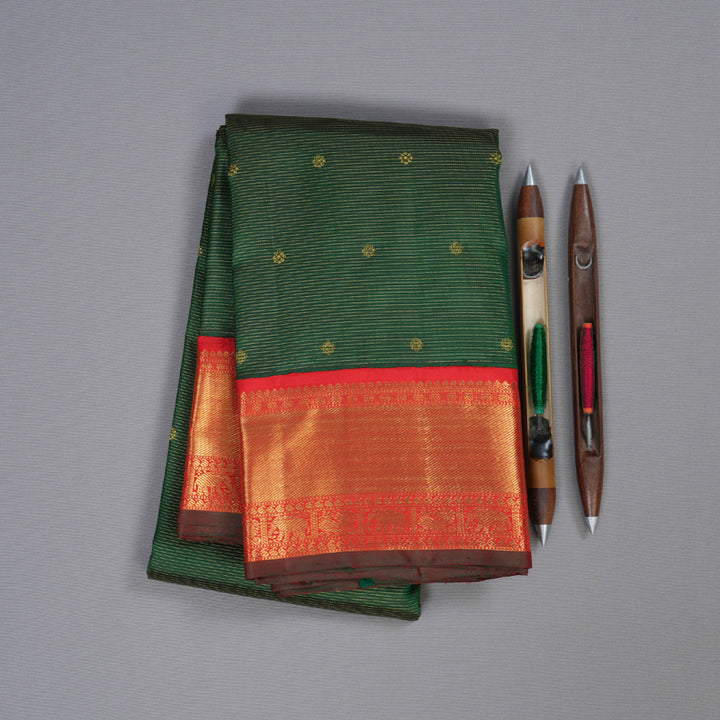 Hayagrivas Bottle Green Handloom Kanjivaram Silk Saree with Red Border BBD1380L6-1