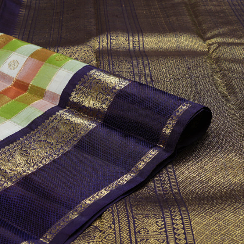 Hayagrivas Multi Color Checks Handloom Kanjivaram Silk Saree with Dark Blue Border BBD1380L7-1