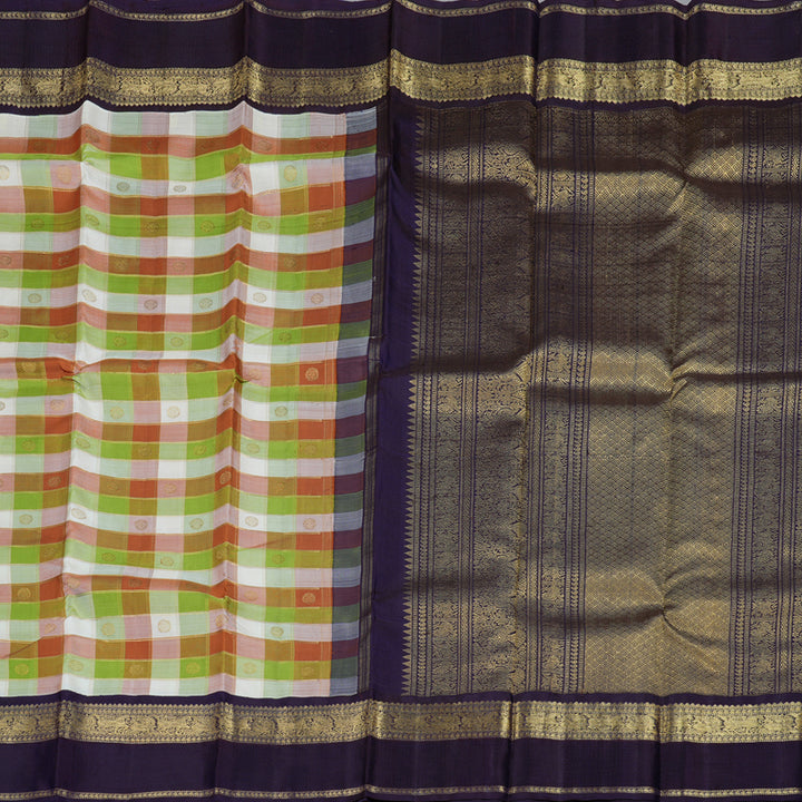 Hayagrivas Multi Color Checks Handloom Kanjivaram Silk Saree with Dark Blue Border BBD1380L7-1