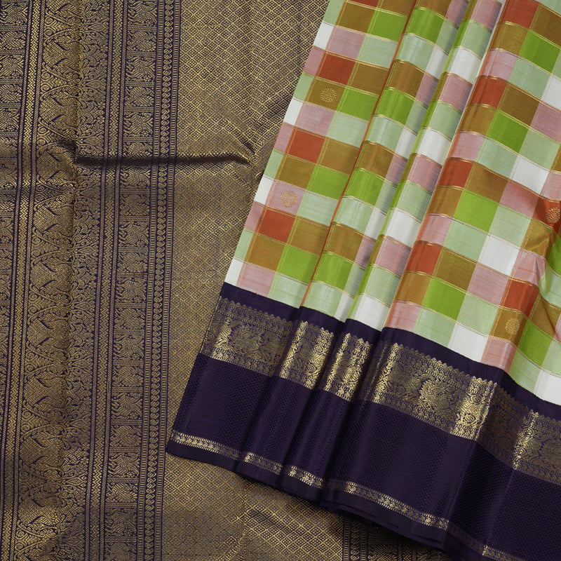 Hayagrivas Multi Color Checks Handloom Kanjivaram Silk Saree with Dark Blue Border BBD1380L7-1