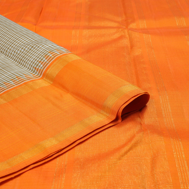 Hayagrivas White with Olive Green Muted Checks Handloom Kanjivaram Silk Saree with Orange Border BBD1381L5-1