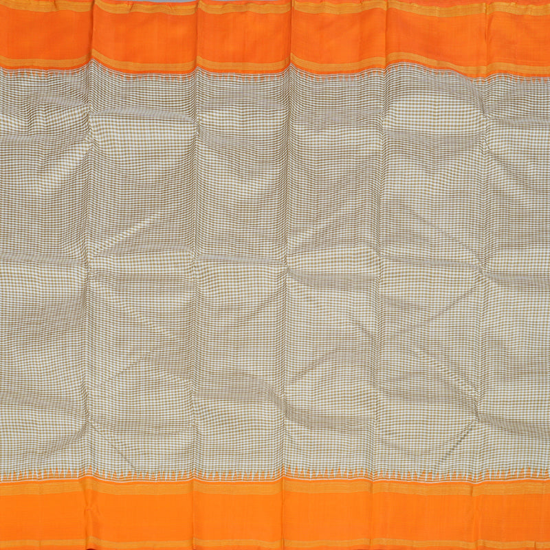 Hayagrivas White with Olive Green Muted Checks Handloom Kanjivaram Silk Saree with Orange Border BBD1381L5-1