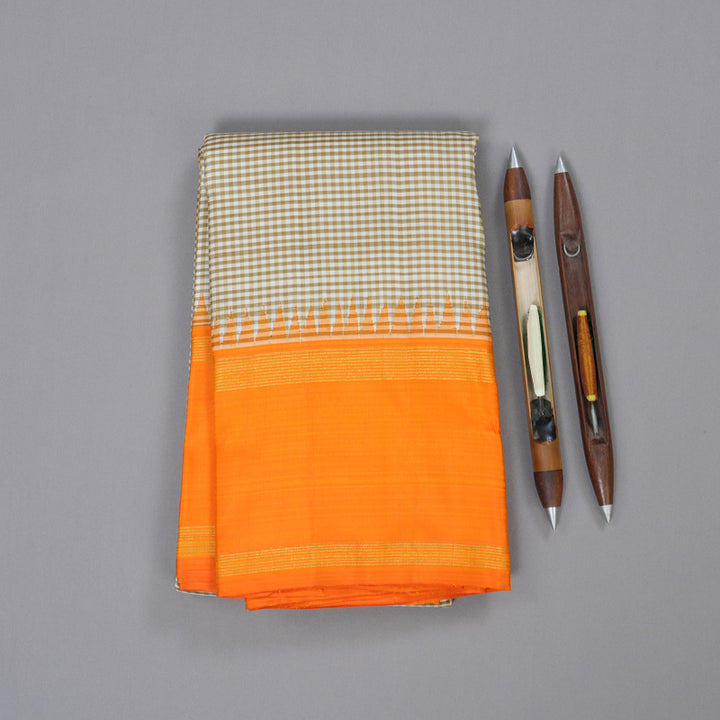 Hayagrivas White with Olive Green Muted Checks Handloom Kanjivaram Silk Saree with Orange Border BBD1381L5-1