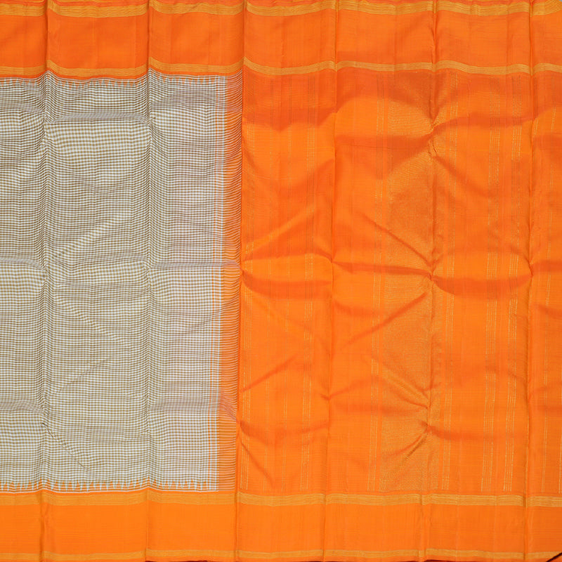 Hayagrivas White with Olive Green Muted Checks Handloom Kanjivaram Silk Saree with Orange Border BBD1381L5-1