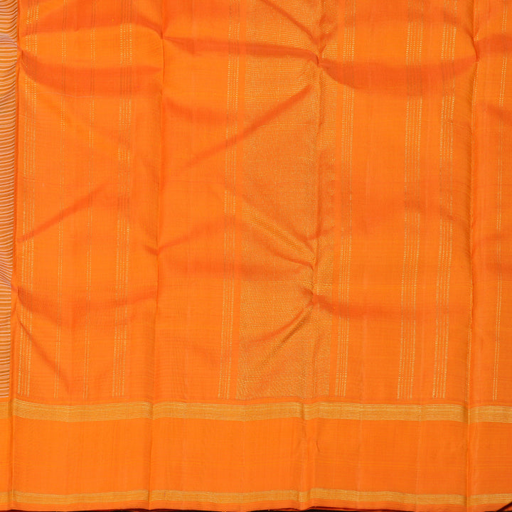 Hayagrivas White with Olive Green Muted Checks Handloom Kanjivaram Silk Saree with Orange Border BBD1381L5-1