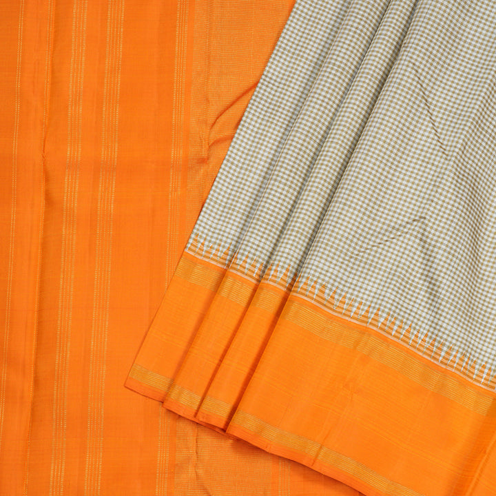 Hayagrivas White with Olive Green Muted Checks Handloom Kanjivaram Silk Saree with Orange Border BBD1381L5-1