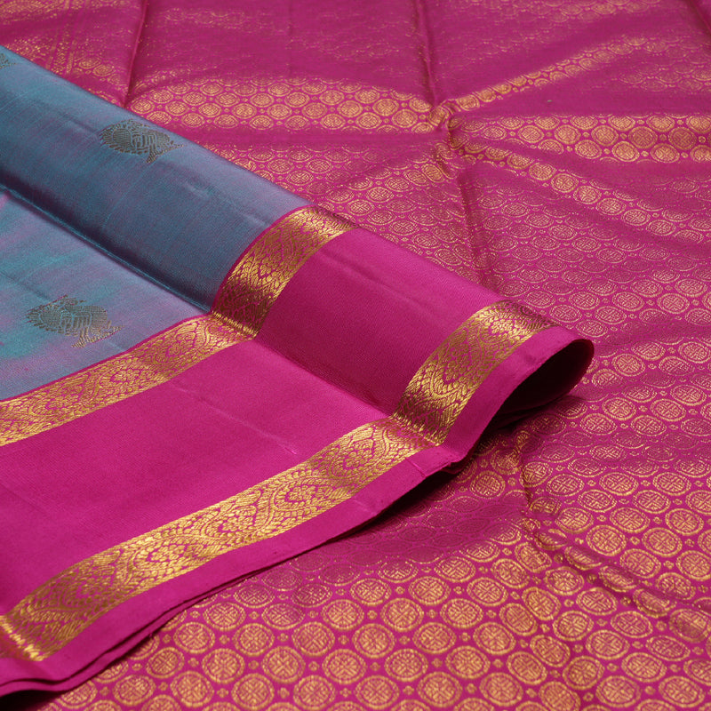 Hayagrivas Dual Tone (Sky Blue With Pink) Handloom Kanjivaram Silk Saree with Pink Border BBD1384L2-4