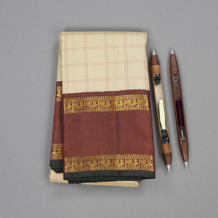 Hayagrivas Sandal Beige Handloom Kanjivaram Silk Saree with Brick Red Border BBD1389L1-1