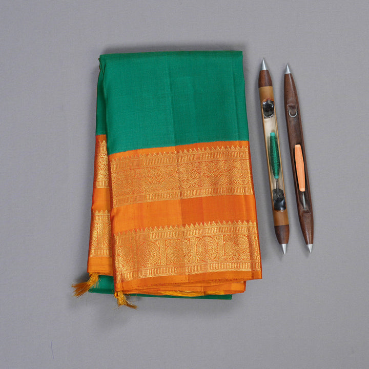 Hayagrivas Teal Green Handloom Kanjivaram Silk Saree with Honey Mustard Border BBD1396L1-2