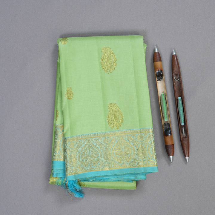 Hayagrivas Light Pastel Green Handloom Kanjivaram Silk Saree with Sea Blue Border BBD1396L4-1