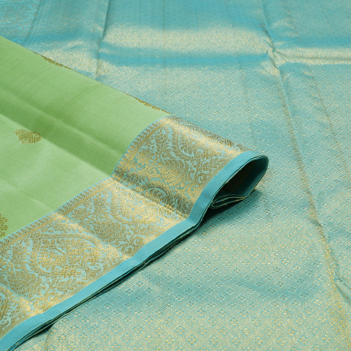 Hayagrivas Light Pastel Green Handloom Kanjivaram Silk Saree with Sea Blue Border BBD1396L4-1