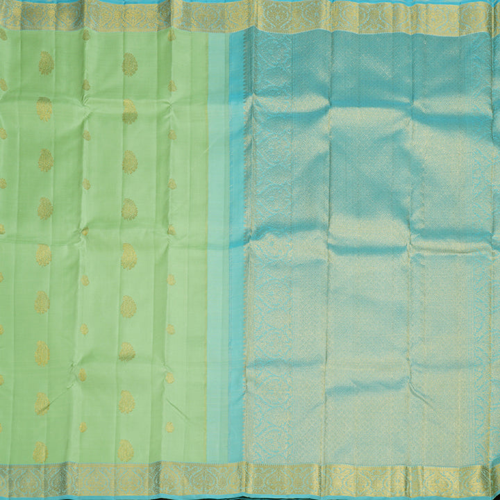 Hayagrivas Light Pastel Green Handloom Kanjivaram Silk Saree with Sea Blue Border BBD1396L4-1