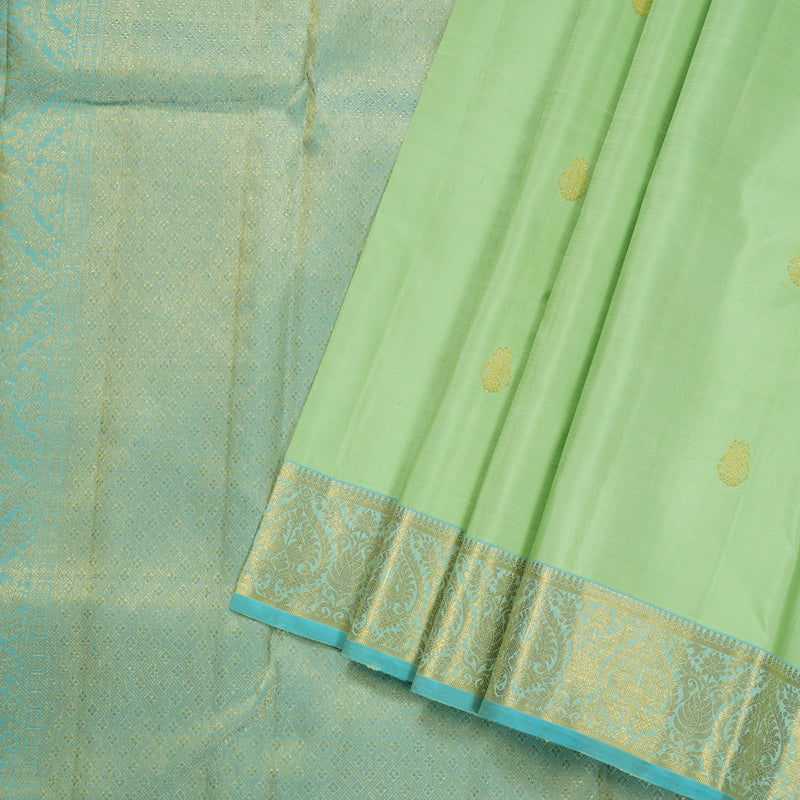 Hayagrivas Light Pastel Green Handloom Kanjivaram Silk Saree with Sea Blue Border BBD1396L4-1
