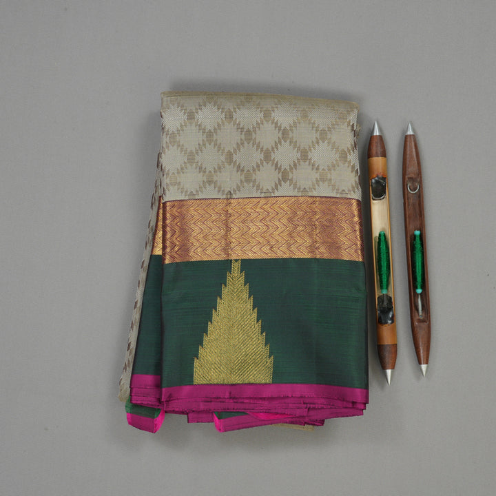Hayagrivas Handloom Royal Beige Kanjivaram Silk Saree with Bottle Green Border BBD139D7-1