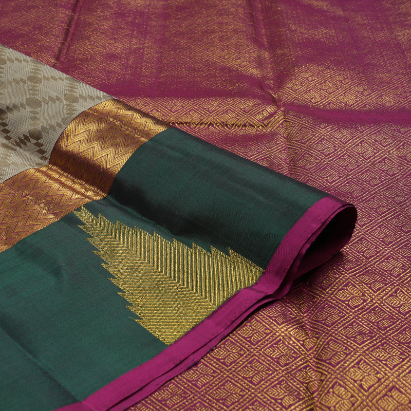 Hayagrivas Handloom Royal Beige Kanjivaram Silk Saree with Bottle Green Border BBD139D7-1