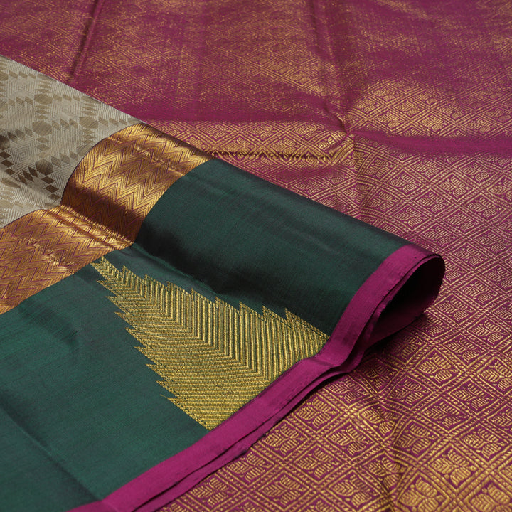 Hayagrivas Handloom Royal Beige Kanjivaram Silk Saree with Bottle Green Border BBD139D7-1
