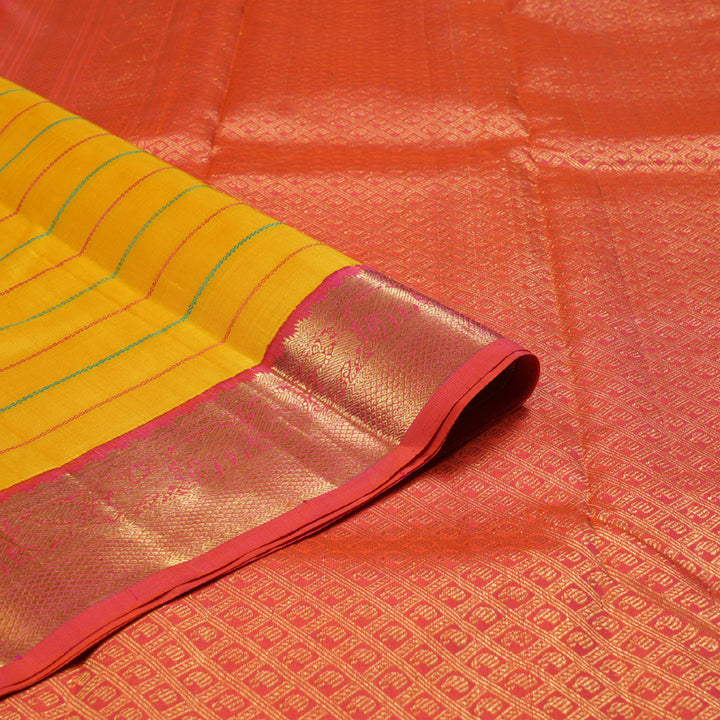 Hayagrivas Yellow Handloom Kanjivaram Silk Saree with Orangish Pink Border BBD1400L3-1
