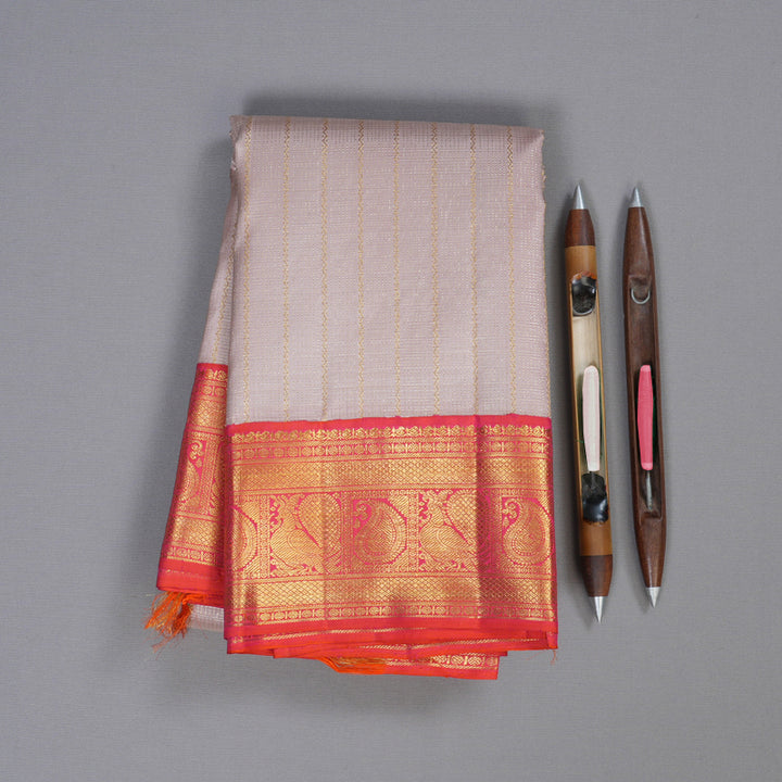 Hayagrivas Beige Handloom Kanjivaram Silk Saree with Orangish Pink Border BBD1400L4-1