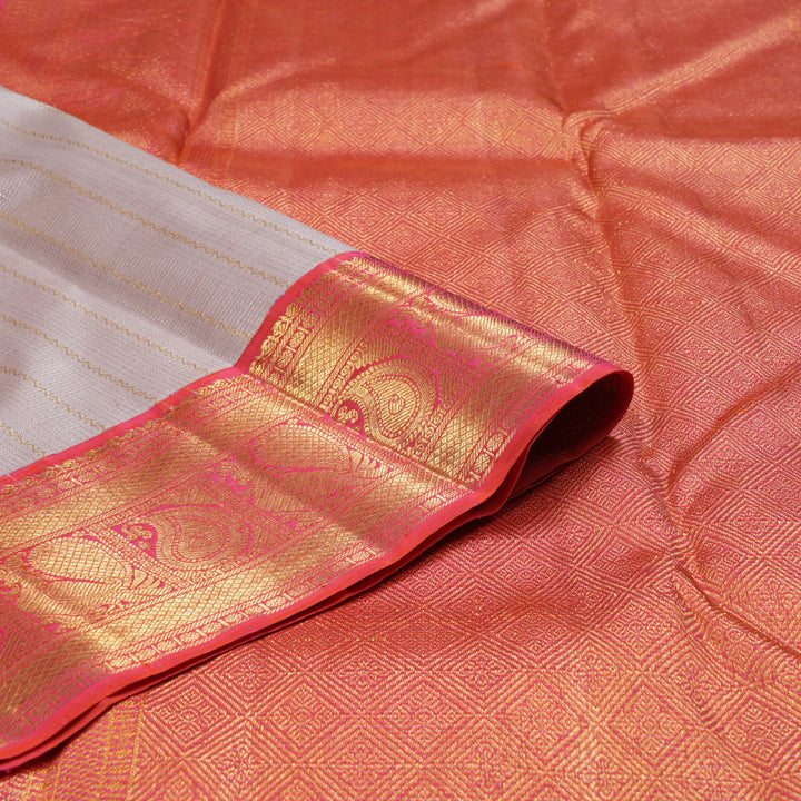 Hayagrivas Beige Handloom Kanjivaram Silk Saree with Orangish Pink Border BBD1400L4-1