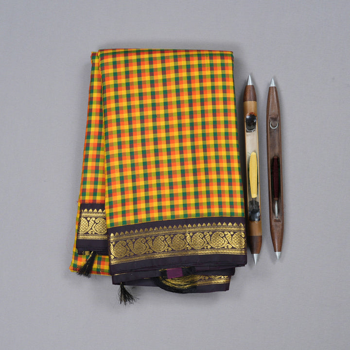 Hayagrivas Multi Color Checks Handloom Kanjivaram Silk Saree with Dark Plum Purple Border BBD1401L2-1