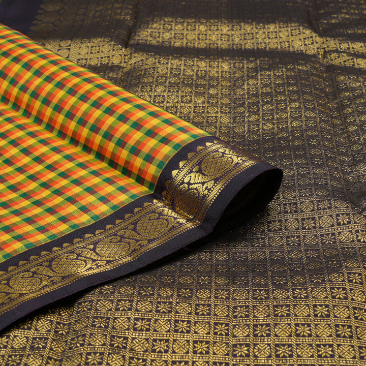 Hayagrivas Multi Color Checks Handloom Kanjivaram Silk Saree with Dark Plum Purple Border BBD1401L2-1