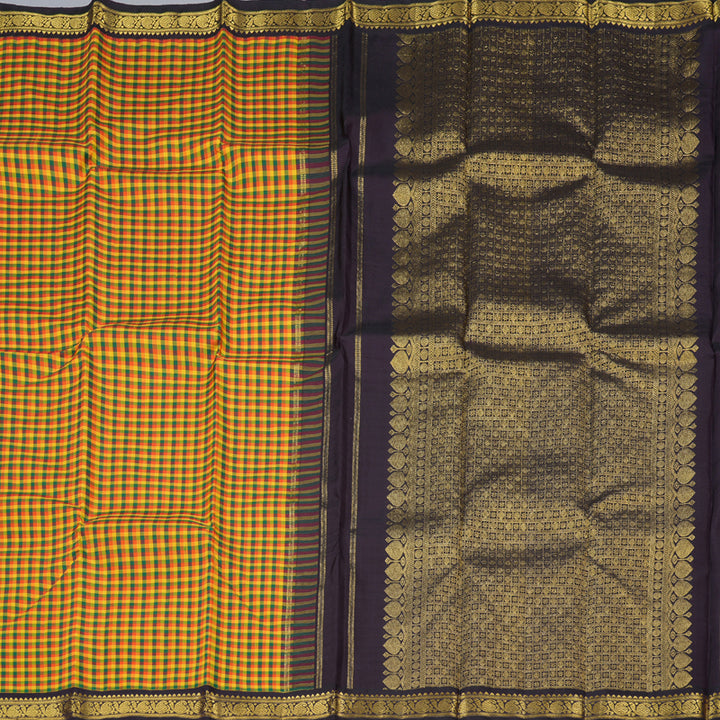Hayagrivas Multi Color Checks Handloom Kanjivaram Silk Saree with Dark Plum Purple Border BBD1401L2-1