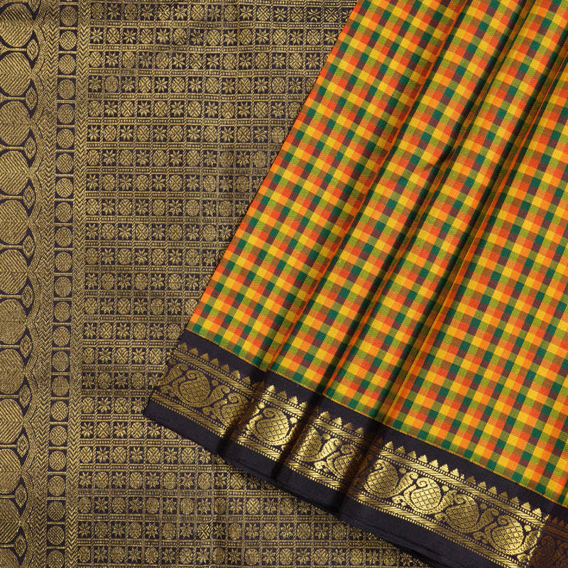 Hayagrivas Multi Color Checks Handloom Kanjivaram Silk Saree with Dark Plum Purple Border BBD1401L2-1