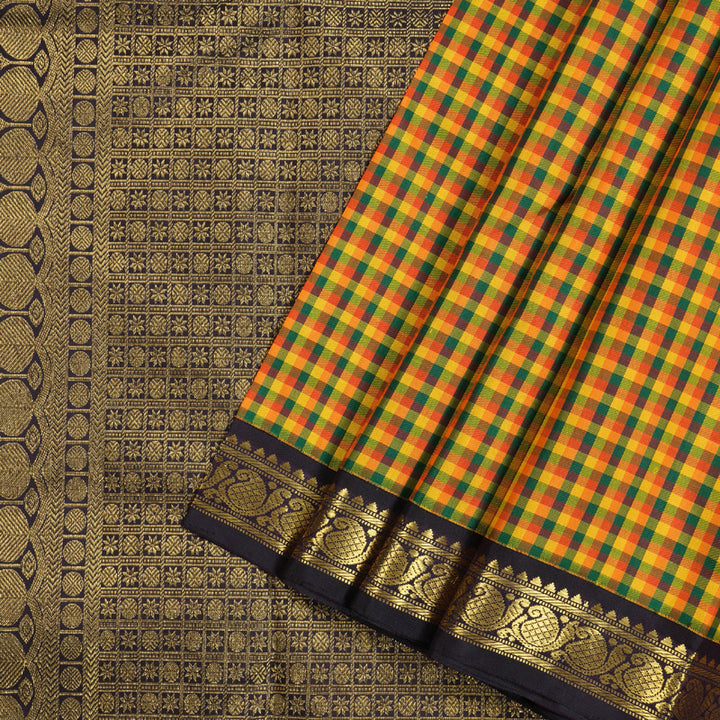 Hayagrivas Multi Color Checks Handloom Kanjivaram Silk Saree with Dark Plum Purple Border BBD1401L2-1
