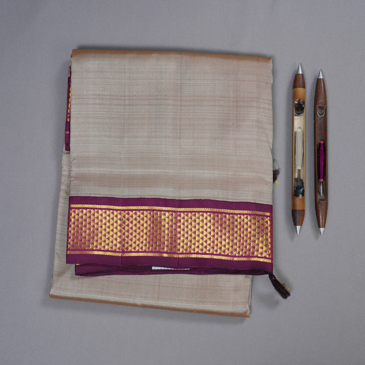 Hayagrivas Sandal Brown Handloom Kanjivaram Ten Yards Silk Saree with Dark Purple Border BBD1403L1-1