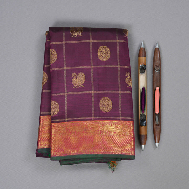 Hayagrivas Dark Purple Handloom Kanjivaram Silk Saree with Orangish Pink Border BBD1406L1-1