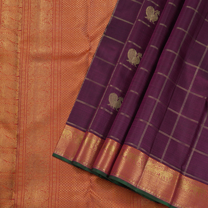 Hayagrivas Dark Purple Handloom Kanjivaram Silk Saree with Orangish Pink Border BBD1406L1-1