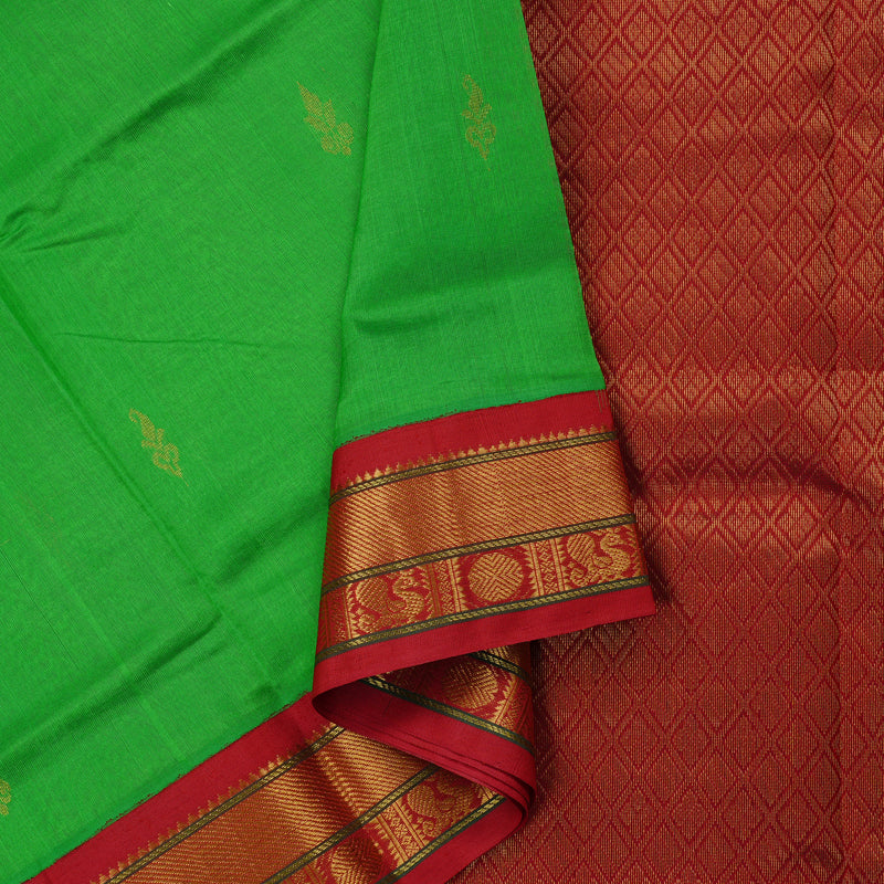 Hayagrivas Handloom Korvai Silk Cotton Saree in striking vibrant parrot green BBD1409L2-51