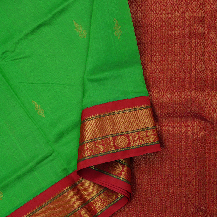 Hayagrivas Handloom Korvai Silk Cotton Saree in striking vibrant parrot green BBD1409L2-51