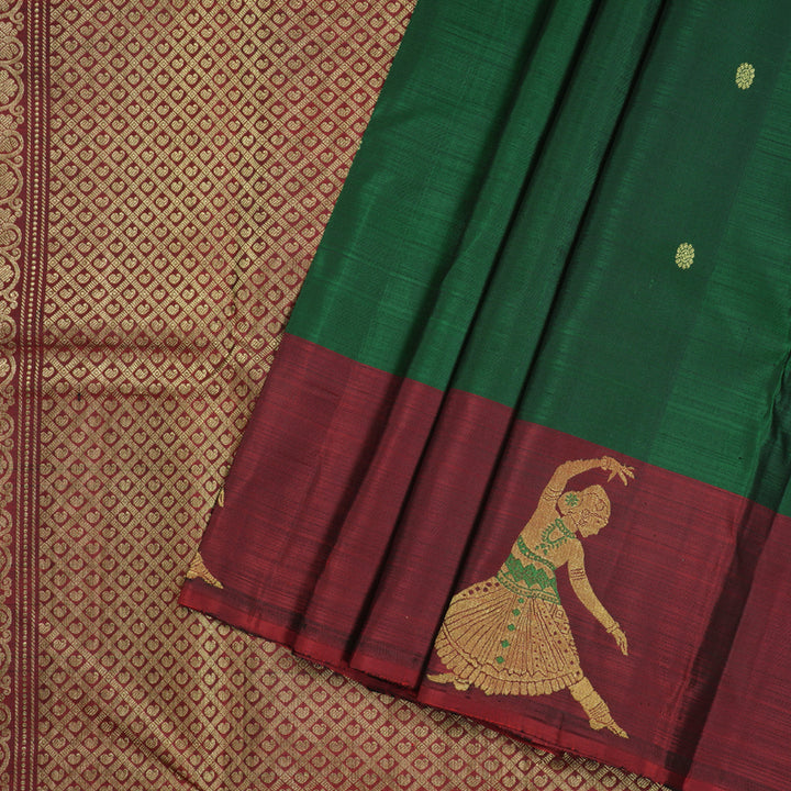 Hayagrivas Luxe Bottle Green Handloom Kanjivaram Silk Saree with Wine Red Border BBD1411L1-1