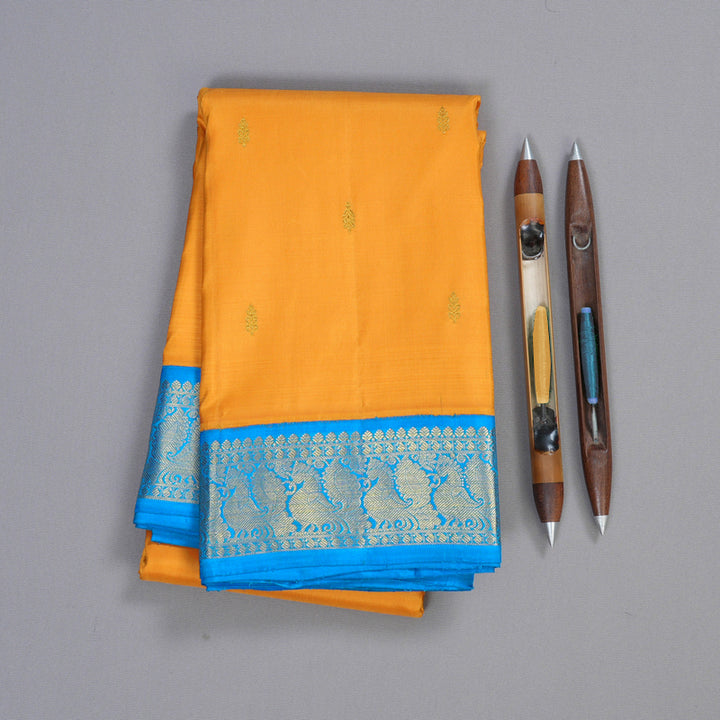 Hayagrivas Mango Yellow Handloom Kanjivaram Silk Saree with Sky Blue Border BBD1415L2-1