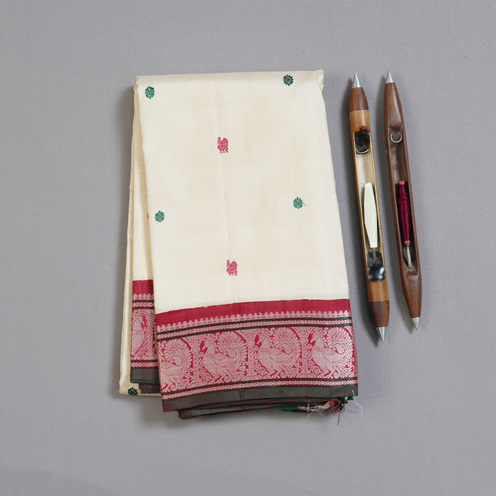 Hayagrivas Half White Handloom Kanjivaram Silk Saree with Maroon Border BBD1416L8-1