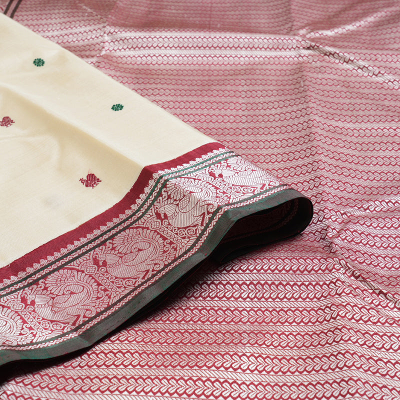 Hayagrivas Half White Handloom Kanjivaram Silk Saree with Maroon Border BBD1416L8-1
