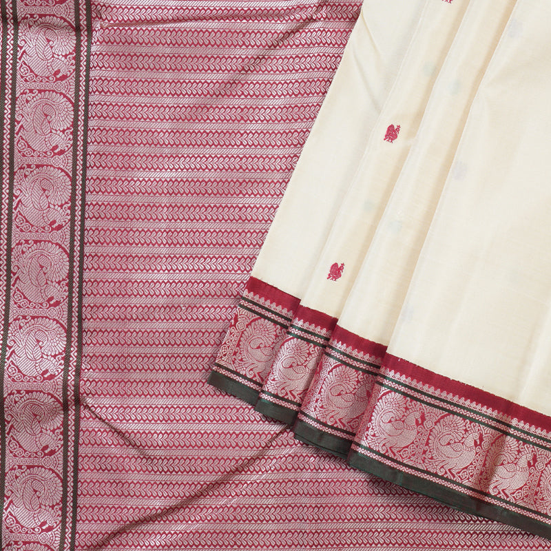 Hayagrivas Half White Handloom Kanjivaram Silk Saree with Maroon Border BBD1416L8-1