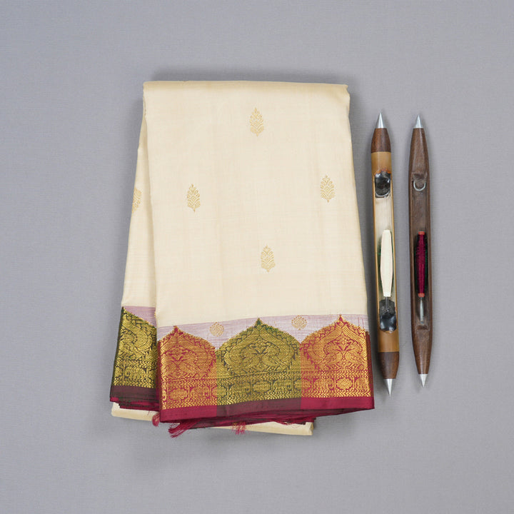 Hayagrivas Half White Handloom Kanjivaram Silk Saree with Maroon with Green Border BBD1416L9-1