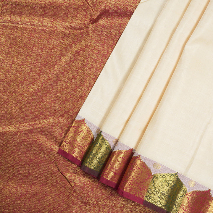 Hayagrivas Half White Handloom Kanjivaram Silk Saree with Maroon with Green Border BBD1416L9-1