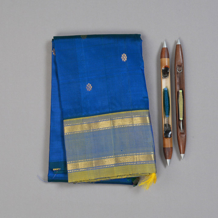 Hayagrivas Peacock Blue Handloom Kanjivaram Silk Saree with Dual Tone (Yellow With Blue) Border BBD1420L1-24
