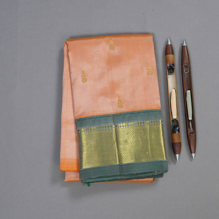 Hayagrivas Peach Orange Handloom Kanjivaram Silk Saree with Dark Green Border BBD1420L5-1