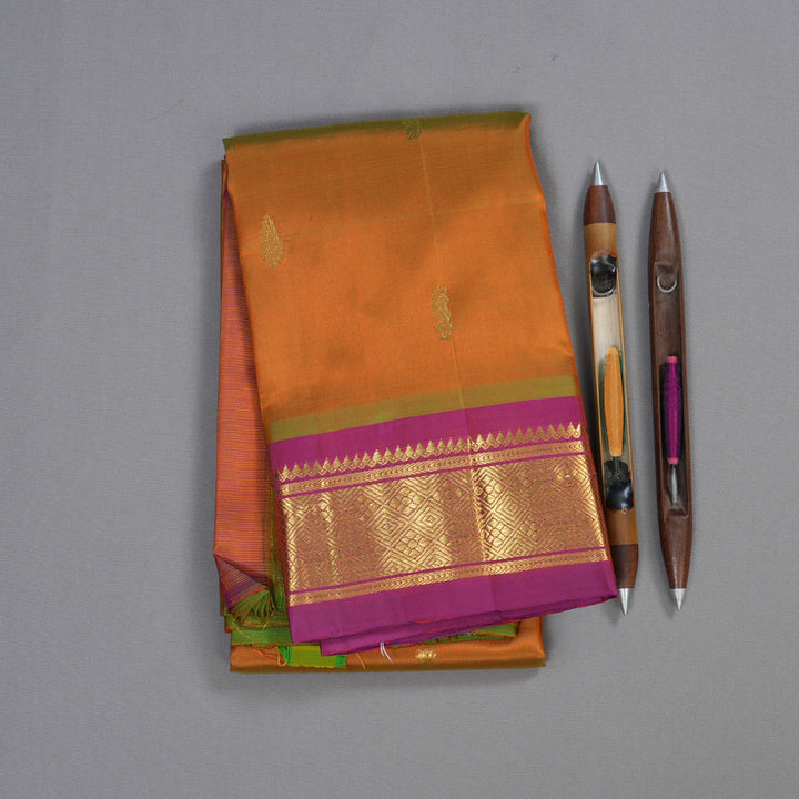Hayagrivas Dual Tone (Orange With Light Green) Handloom Kanjivaram Silk Saree with Purple Border BBD1420L5-18