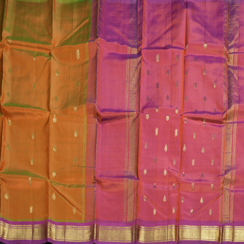 Hayagrivas Dual Tone (Orange With Light Green) Handloom Kanjivaram Silk Saree with Purple Border BBD1420L5-18