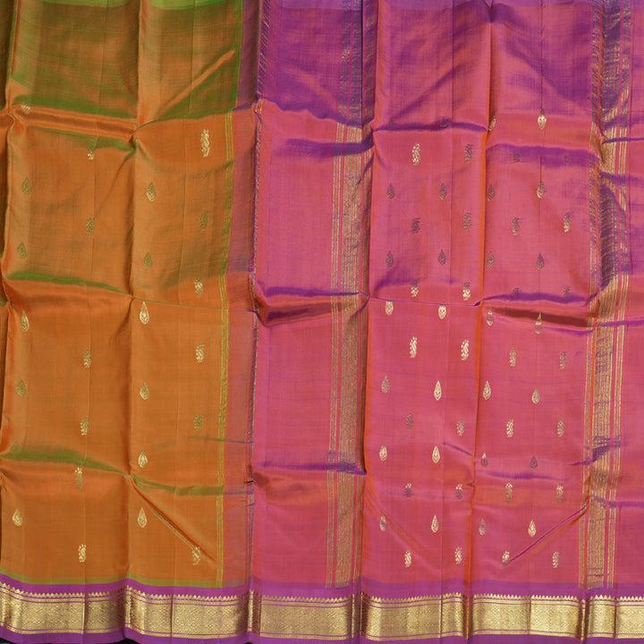 Hayagrivas Dual Tone (Orange With Light Green) Handloom Kanjivaram Silk Saree with Purple Border BBD1420L5-18