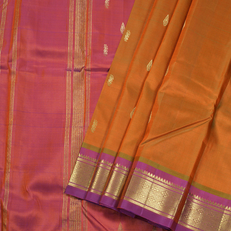 Hayagrivas Dual Tone (Orange With Light Green) Handloom Kanjivaram Silk Saree with Purple Border BBD1420L5-18