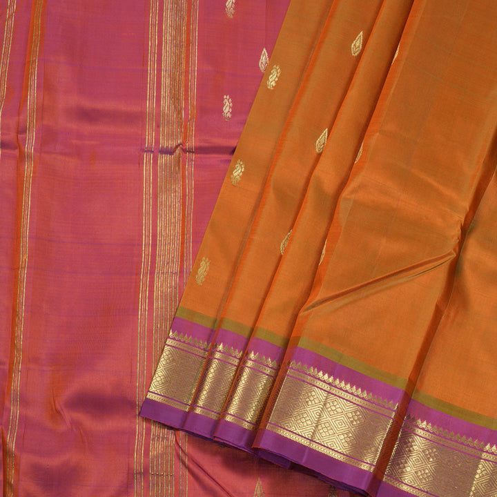 Hayagrivas Dual Tone (Orange With Light Green) Handloom Kanjivaram Silk Saree with Purple Border BBD1420L5-18